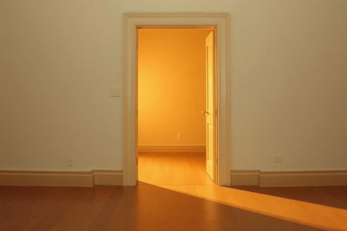 An open doorway with warm golden light spilling into a quiet room